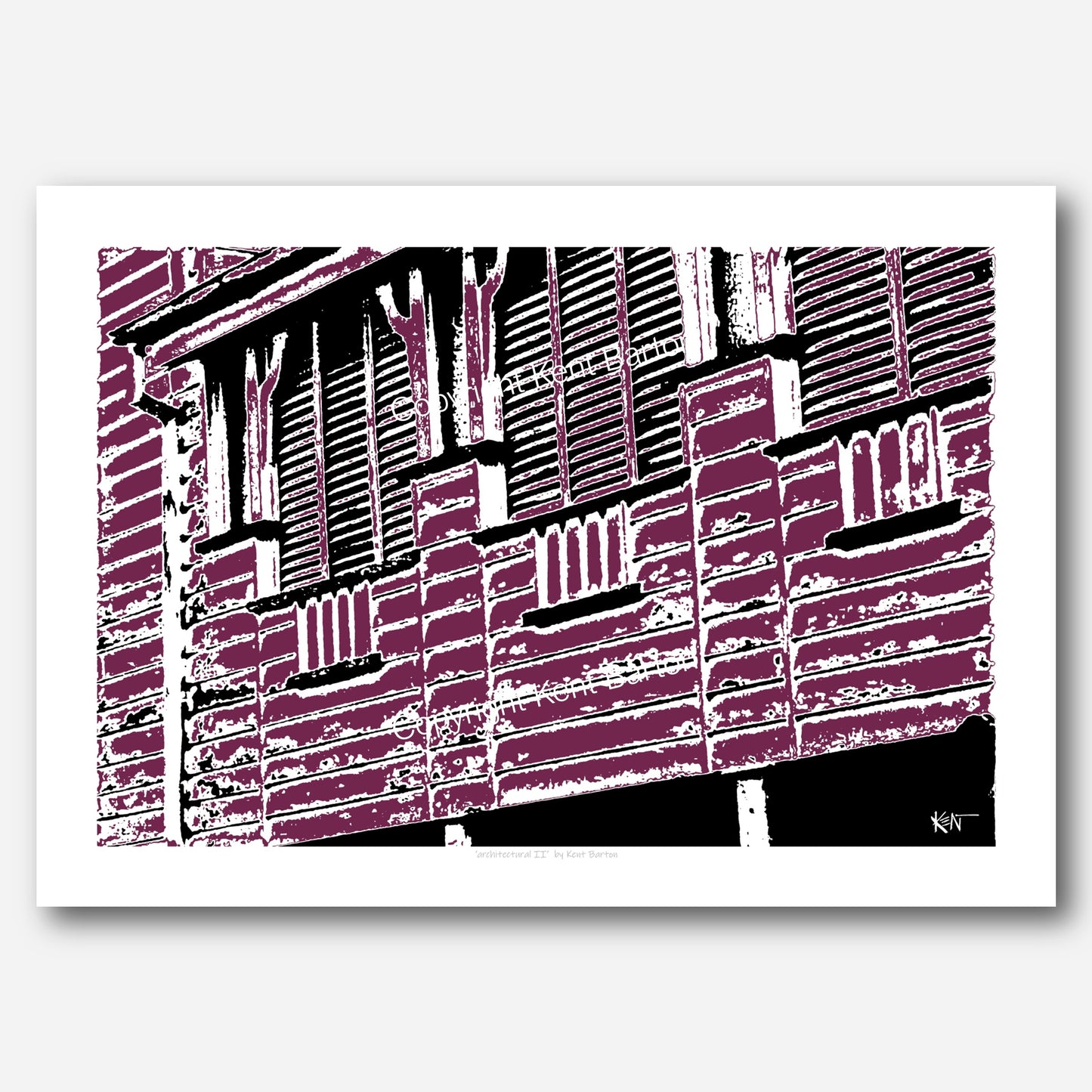 "A side wall view of an enclosed veranda with timber blinds and weatherboard walls in Brisbane, in black and purple."