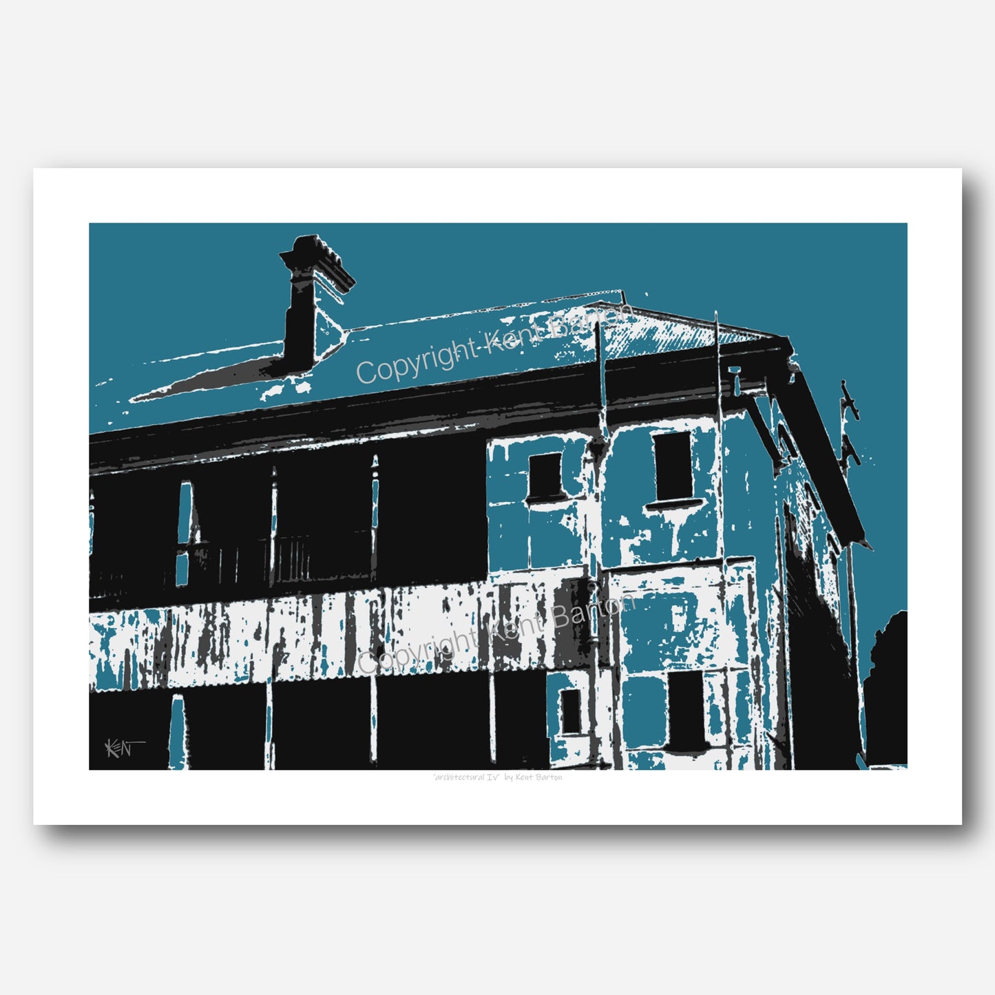 "A view of the back corner of an old two story apartment building with chimney projecting through the roof, in black an blue."