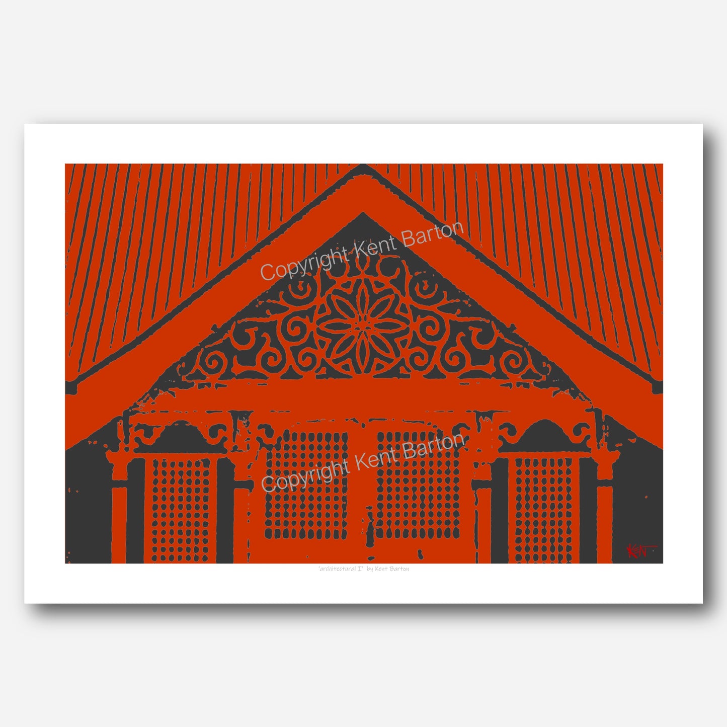 "A detail of timber fretwork on an old timber house in black on red."