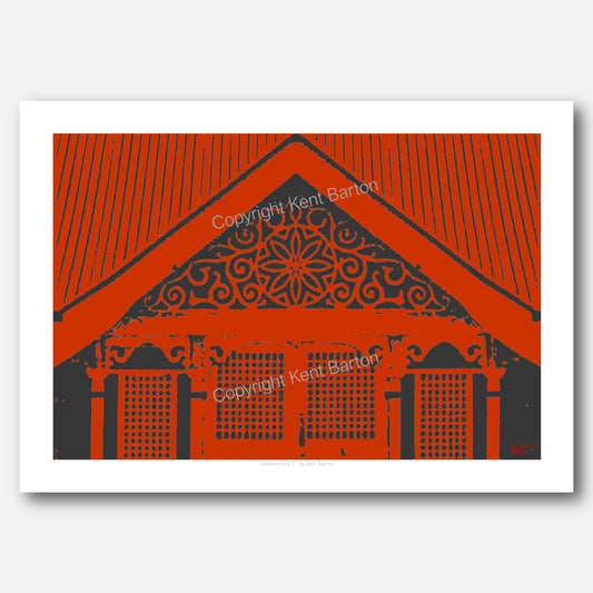 "A detail of timber fretwork on an old timber house in black on red."