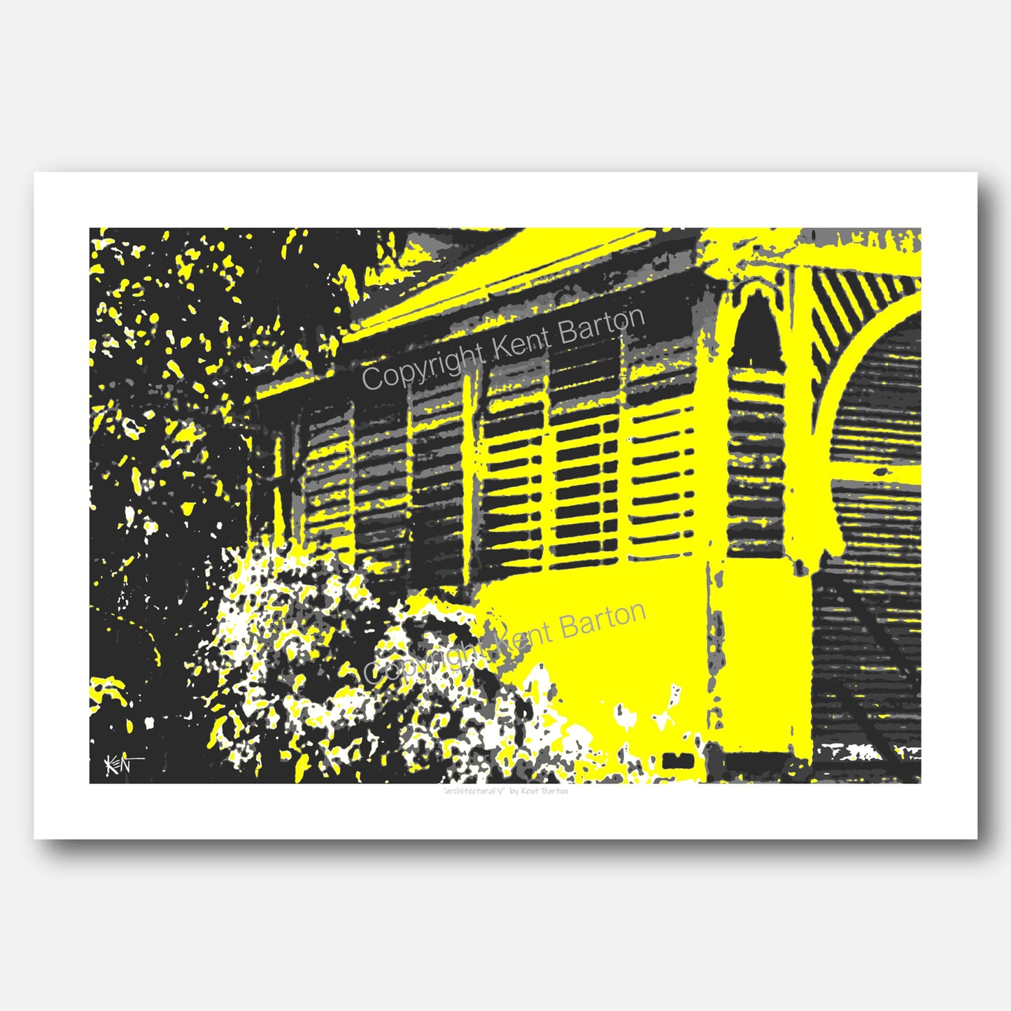 "The front corner of an old Queensland house with timber louvres and ornate doorway, in black and yellow."