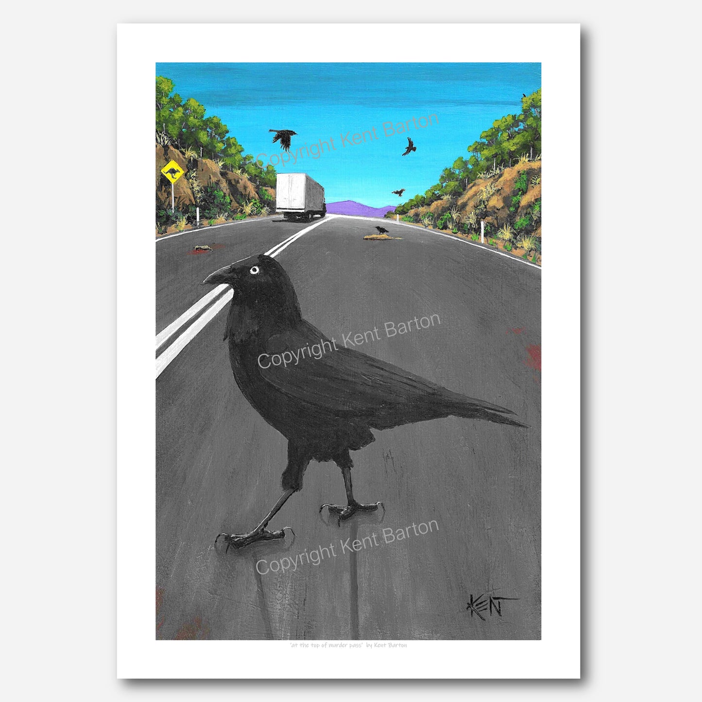 "A crow standing on a road as a truck passes by while other crows feed on roadkill."