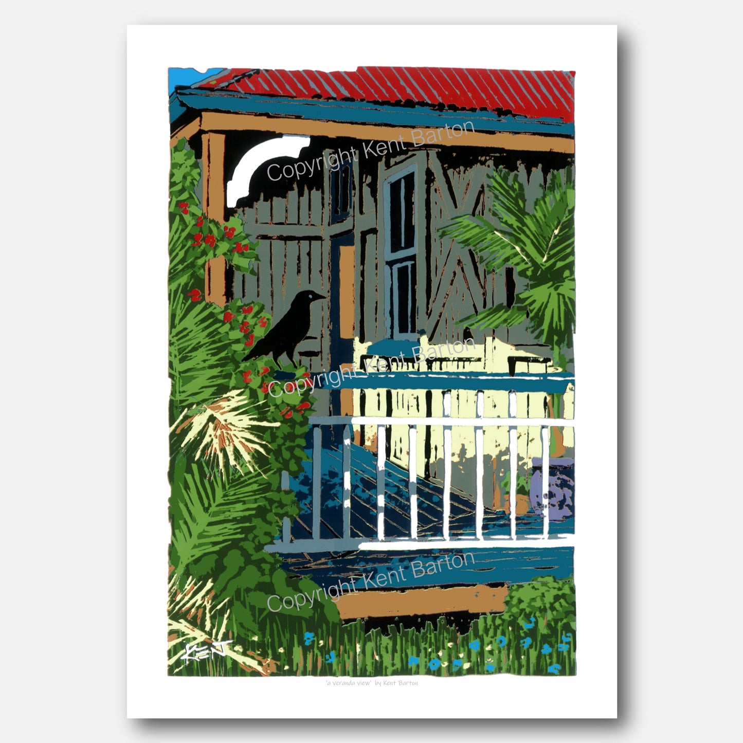 "A black crow stands on a timber handrail of a veranda of a timber house."