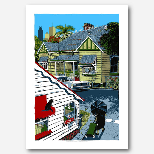 "An old woman with black umbrella pulls an old fashioned shopping trolley up a road in South Brisbane surrounded by old houses with a city view in the background."