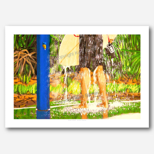 "Waist down view of man holding a surfboard under an outdoor shower."