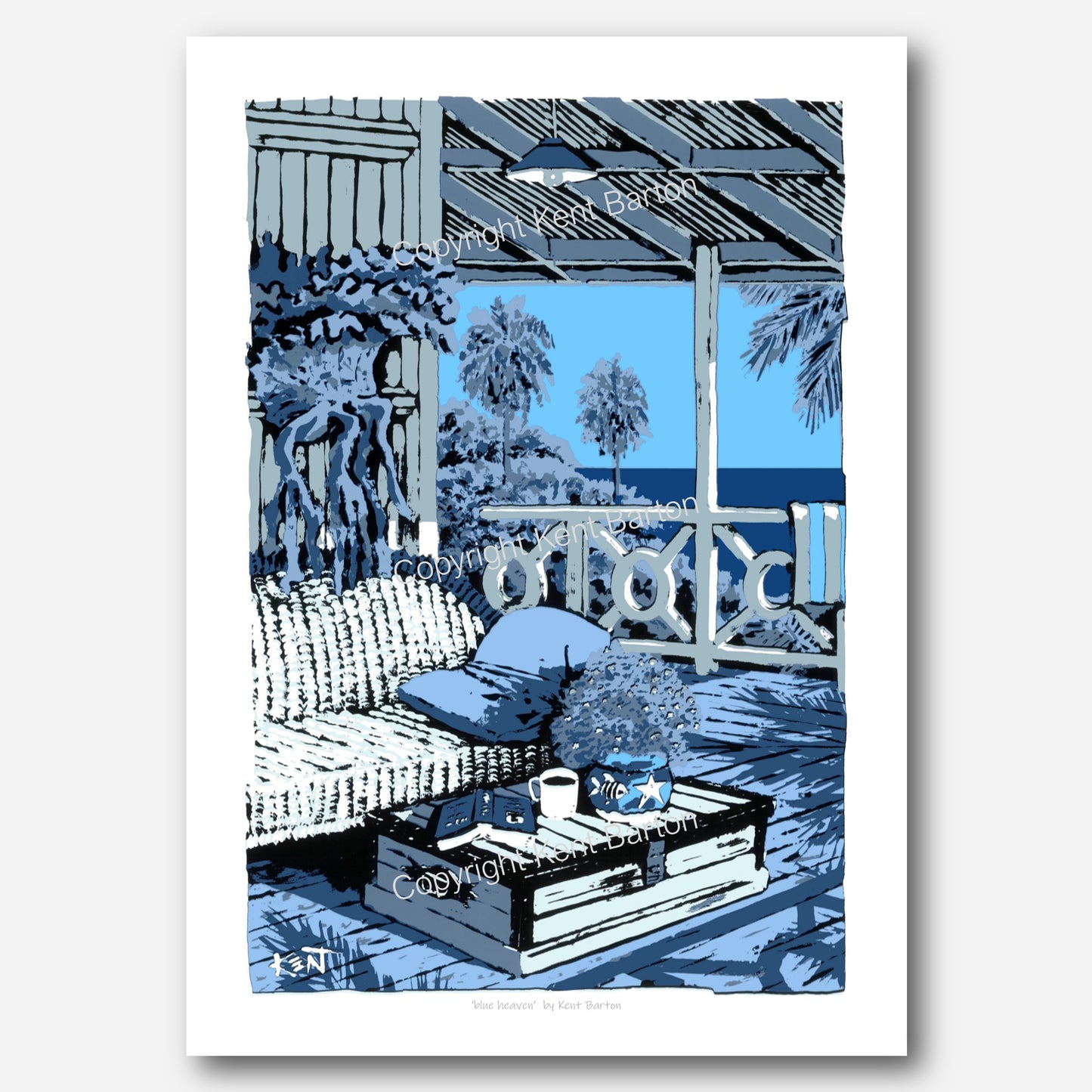 "A cane lounge on a timber veranda with an ocean view in a palette of blue."