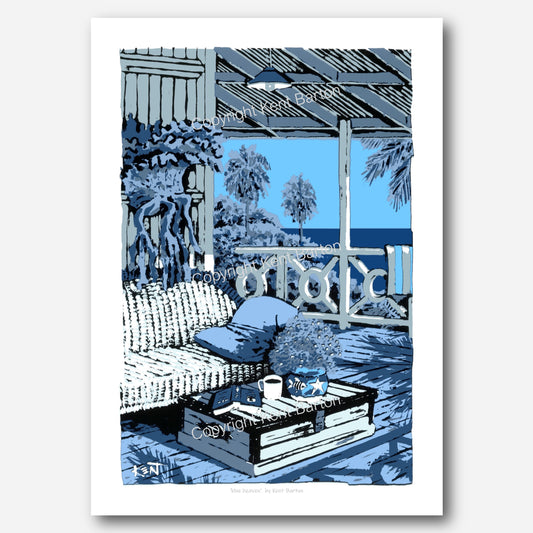 "A cane lounge on a timber veranda with an ocean view in a palette of blue."