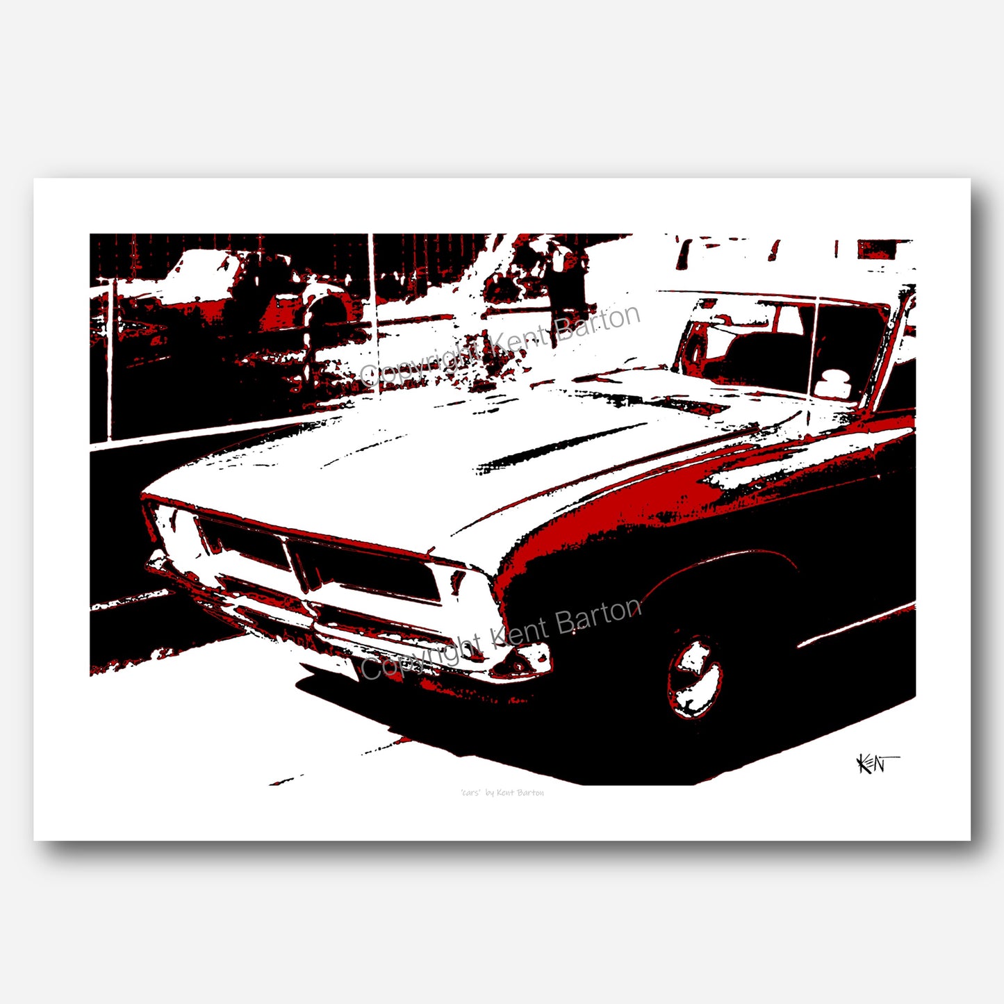 "An XB Falcon car with view across backyards to an old MG car."