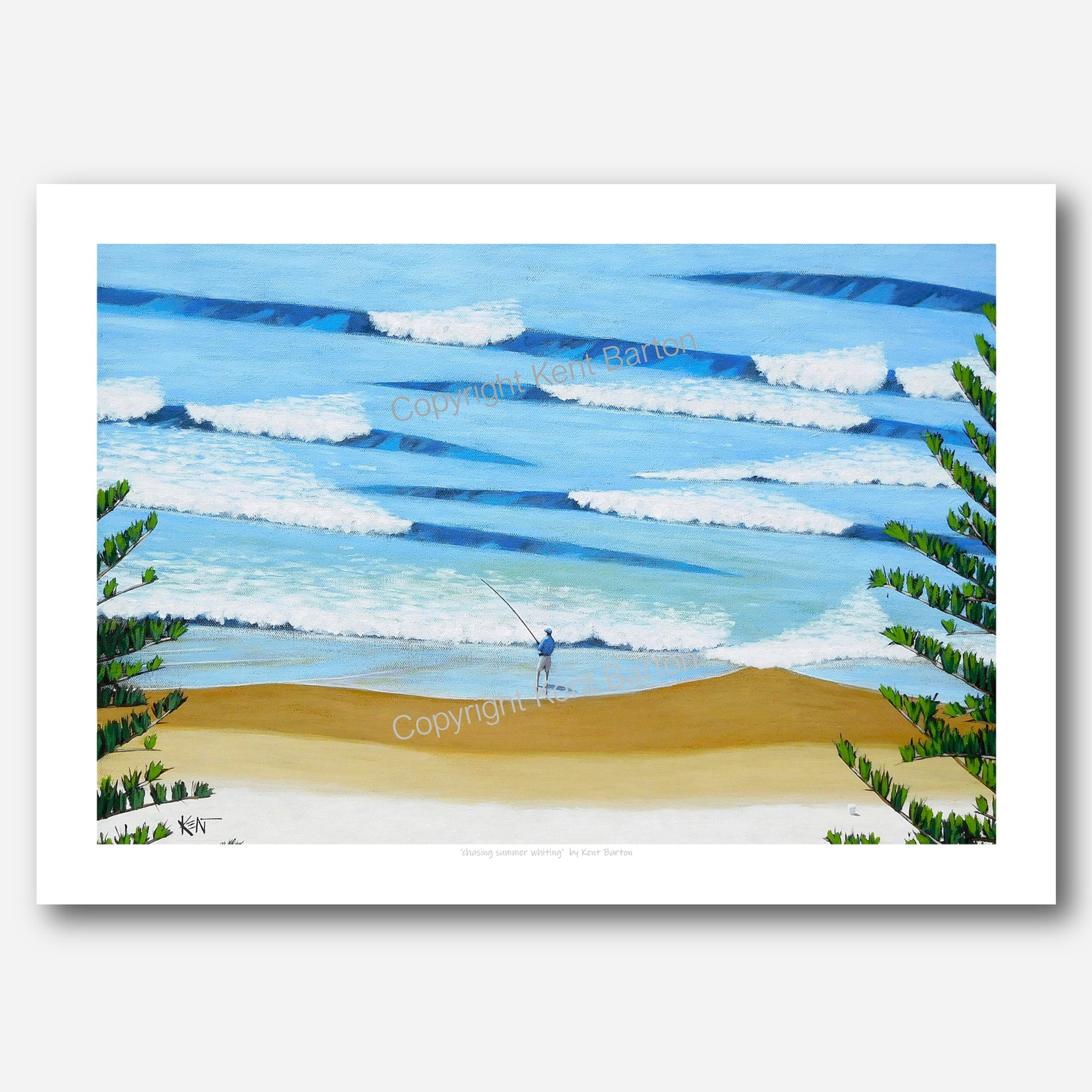 "View from above of a man fishing in the surf on sunny day with small waves and pine trees in the foreground."