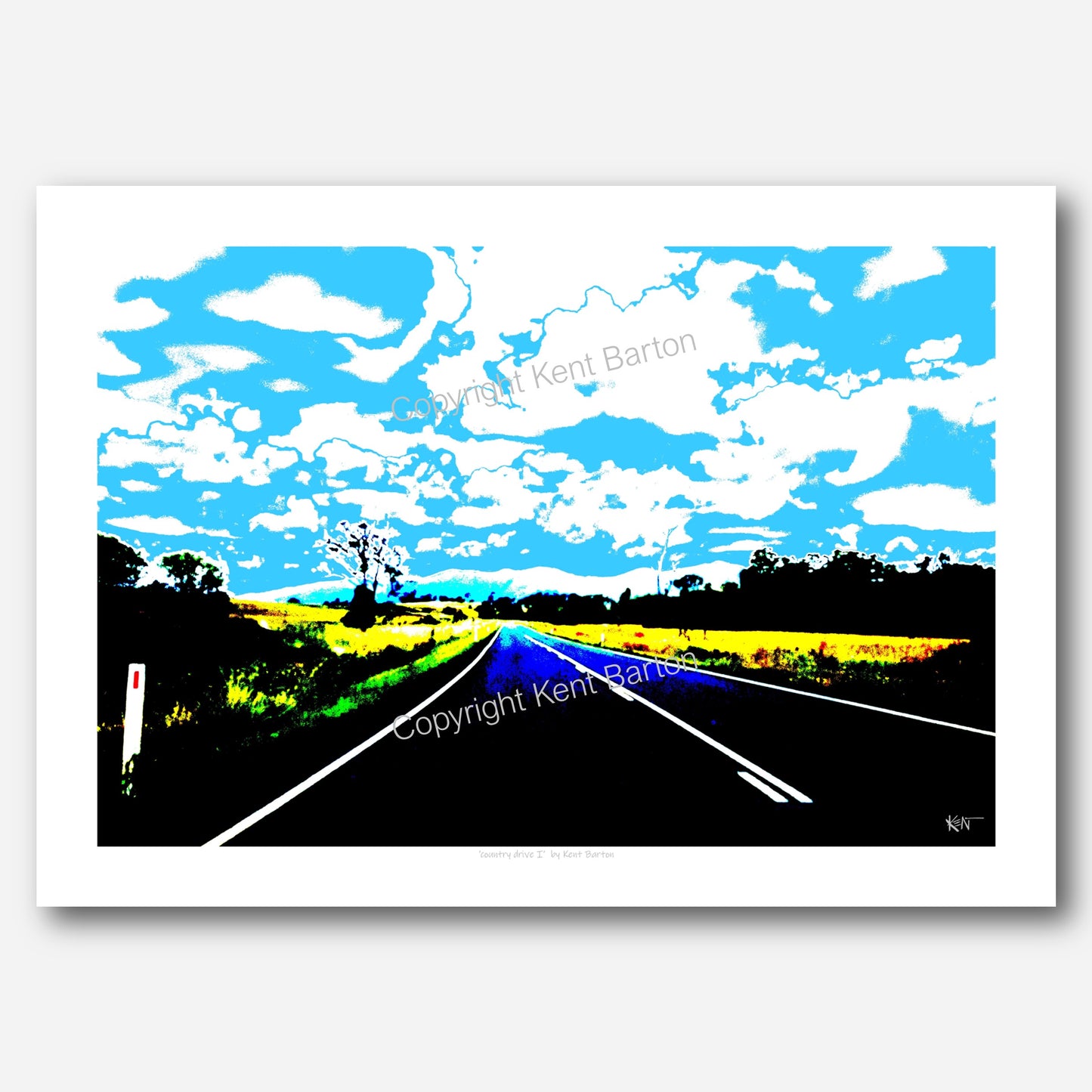 "A country road disappearing in the distance to the mountains sided by fields and trees and huge sky view."