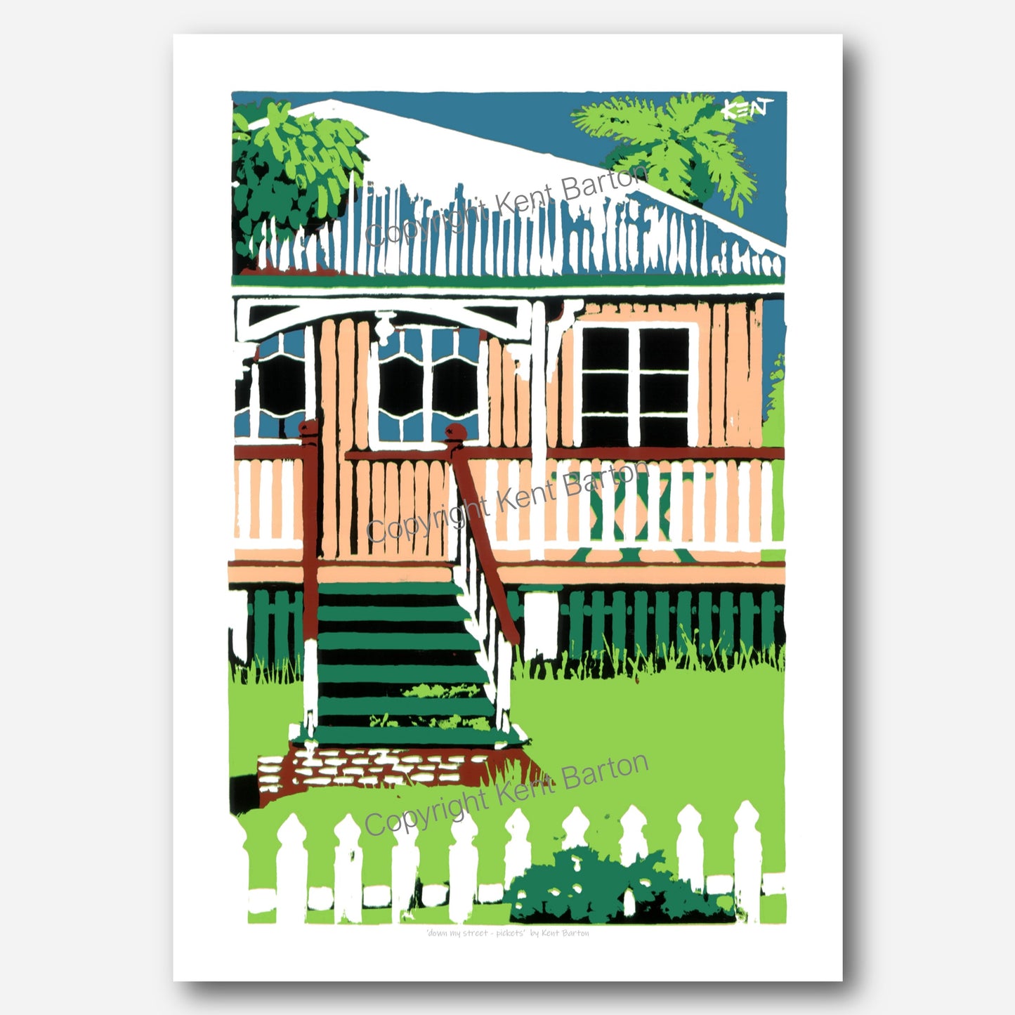 "Small timber cottage with white picket fence and stormy sky."