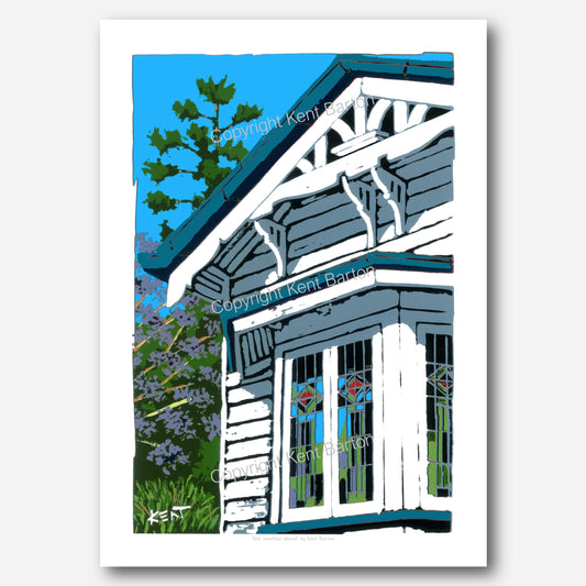 "Ornamental timber features on gable above a bay window with stained glass windows."