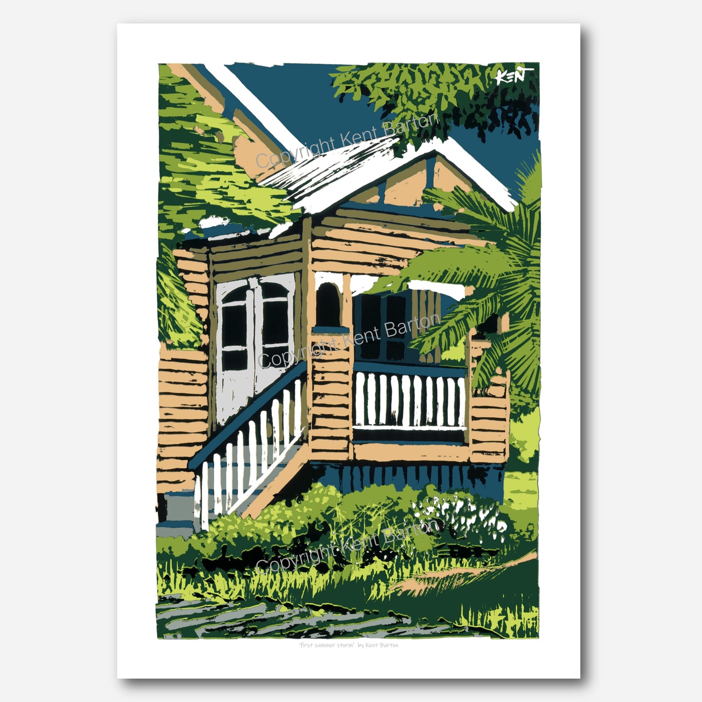 "A sunlit house with storm brewing in the sky."