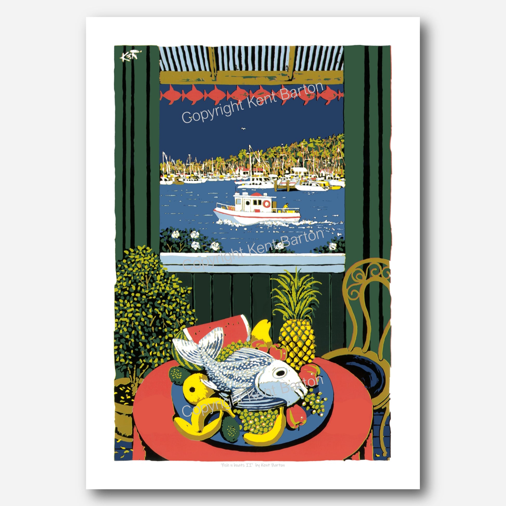 "A fish on a plate of fruit with a view through the window of a fishing boat and marina with stormy sky."