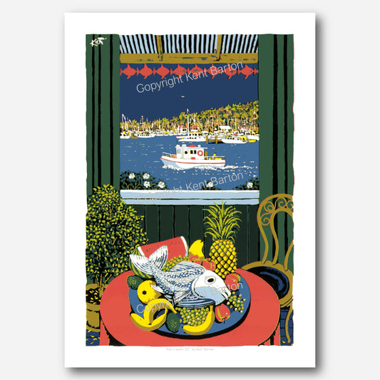 "A fish on a plate of fruit with a view through the window of a fishing boat and marina with stormy sky."