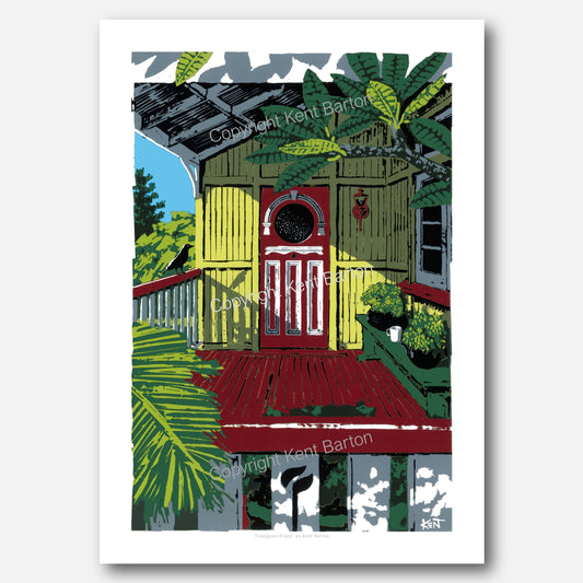 "View along veranda to ornate front door, frangipani branches in the forground."