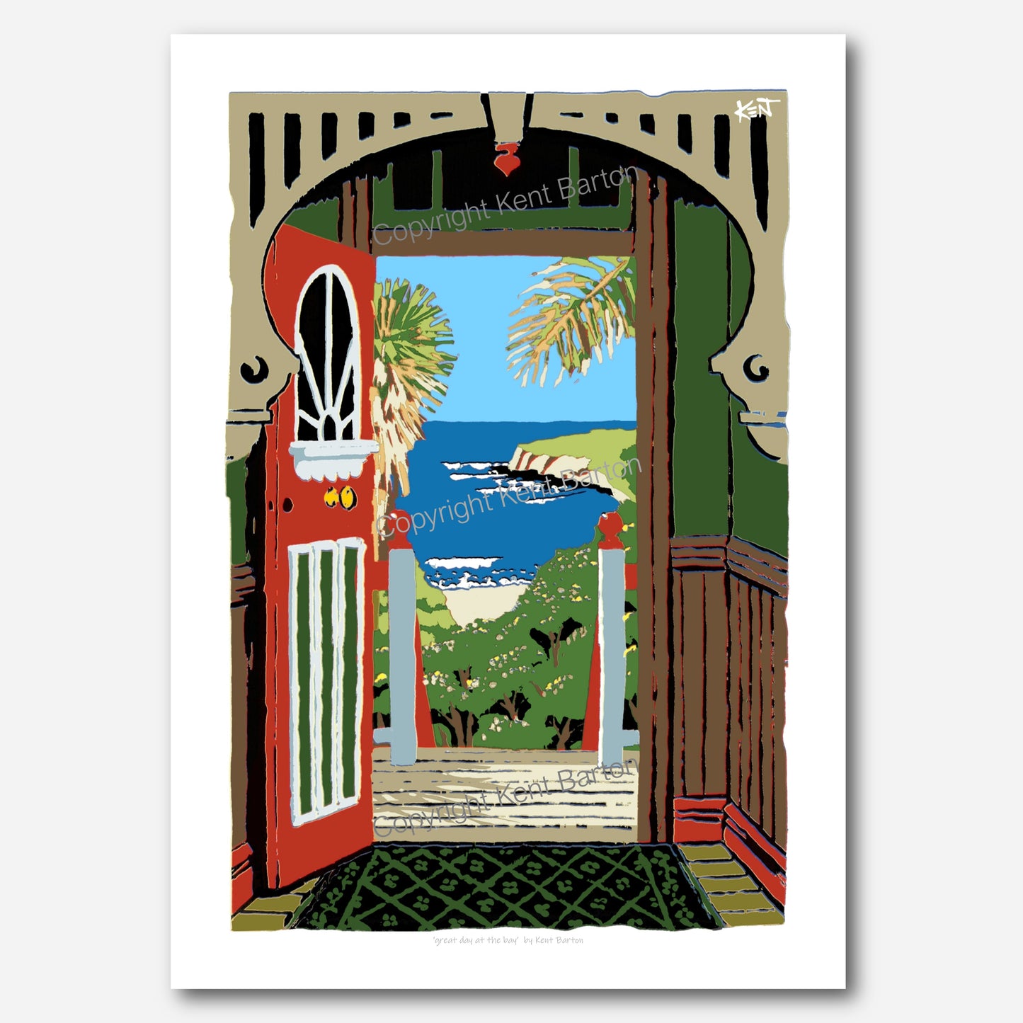 "A view down a hallway of a house to the ocean."