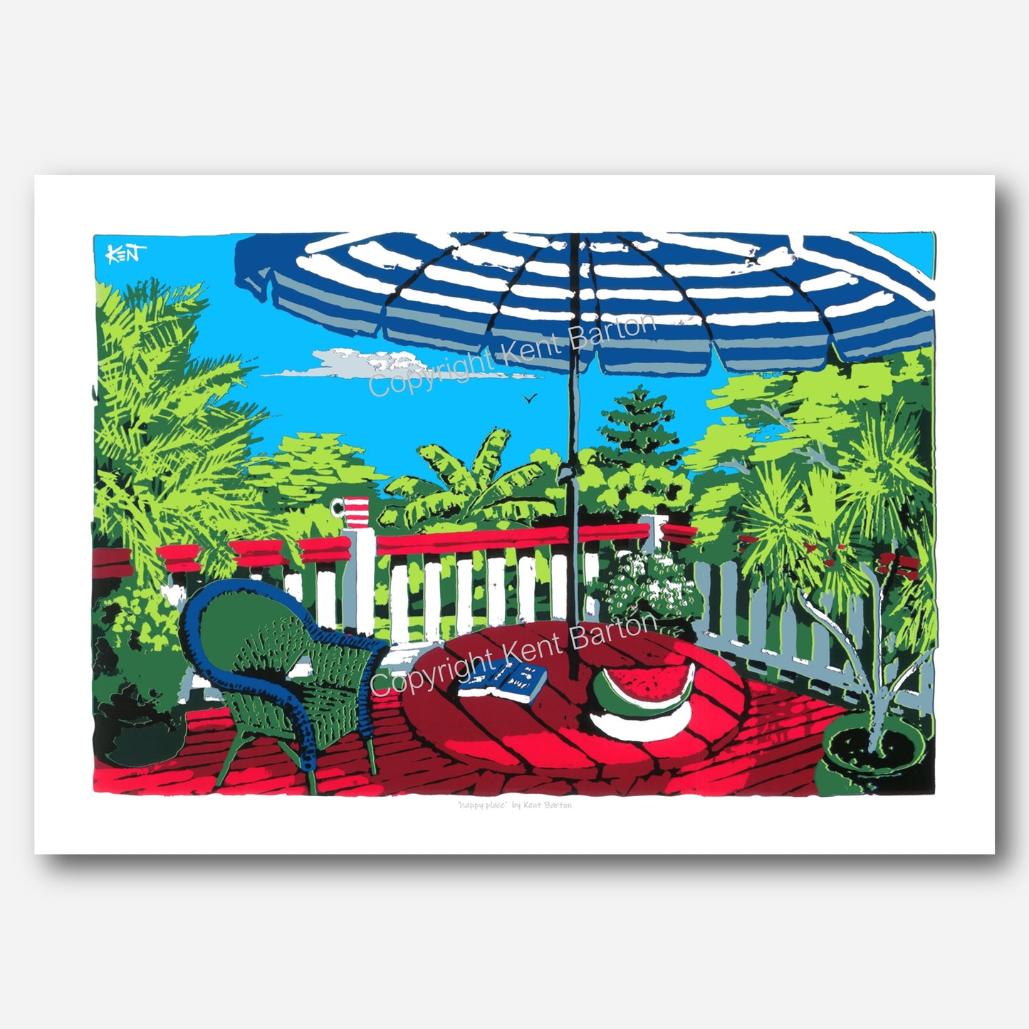 "Open timber deck with tropical garden views, a chair and table under umbrella, a coffee and book and watermelon."