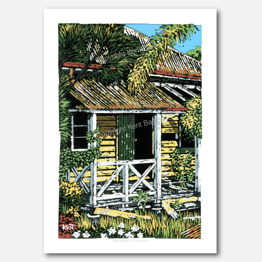 "Front veranda of decaying timber cottage."