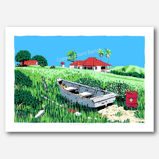 "A row boat with a backdrop of fields and hills and house and shed with cattle grazing."