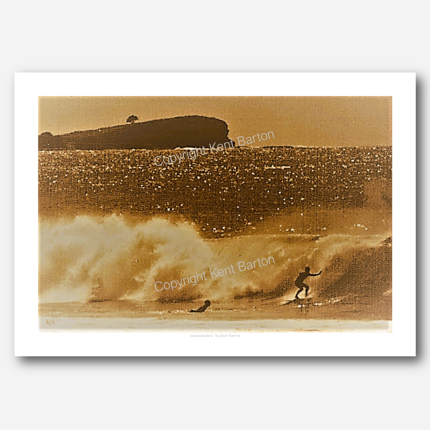 "Surfer riding a wave with Old Woman Island in the background on the Sunshine Coast."