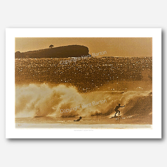 "Surfer riding a wave with Old Woman Island in the background on the Sunshine Coast."