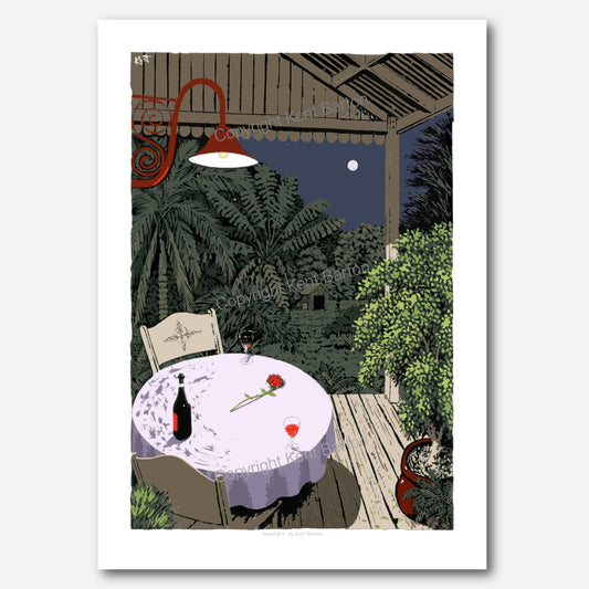 "A romantic table for two on a veranda with the background yard lit by the full moon."