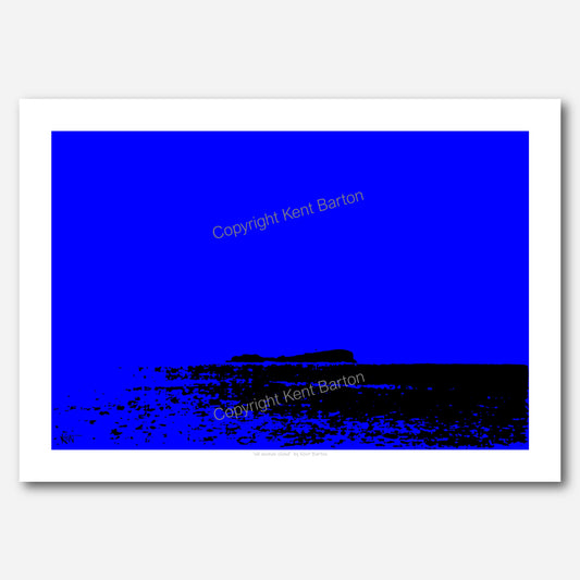 "Old Woman Island in silhouette against bright blue background."