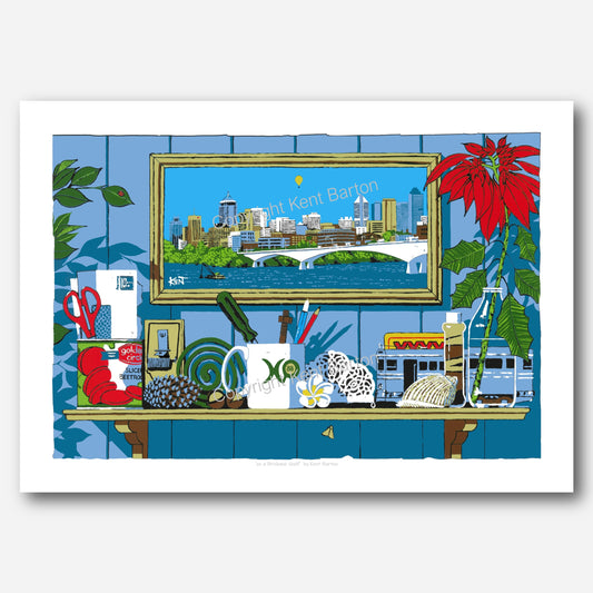 "A collection of Brisbane items on a shelf with a picture of Brisbane city above."