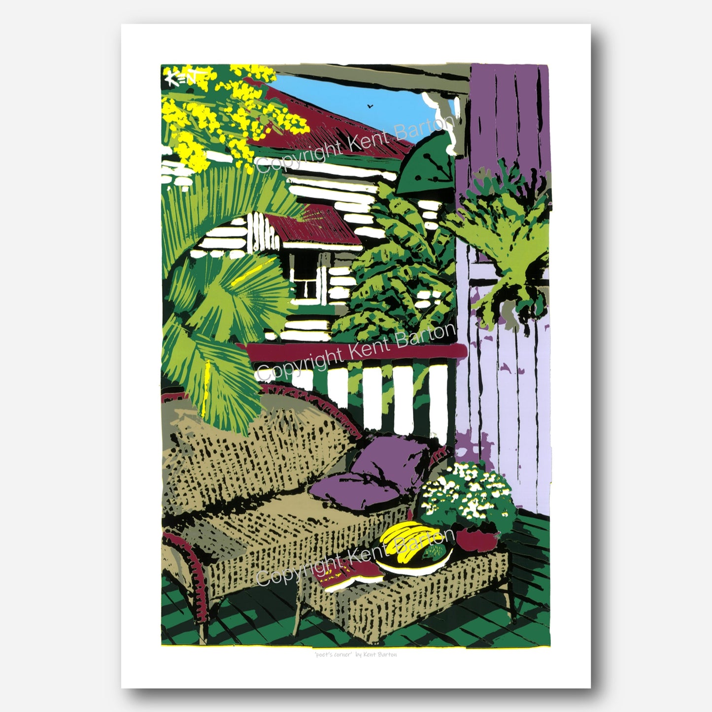 "Cane lounge with pillow and book and bananas on a cottage veranda with view of house next door."
