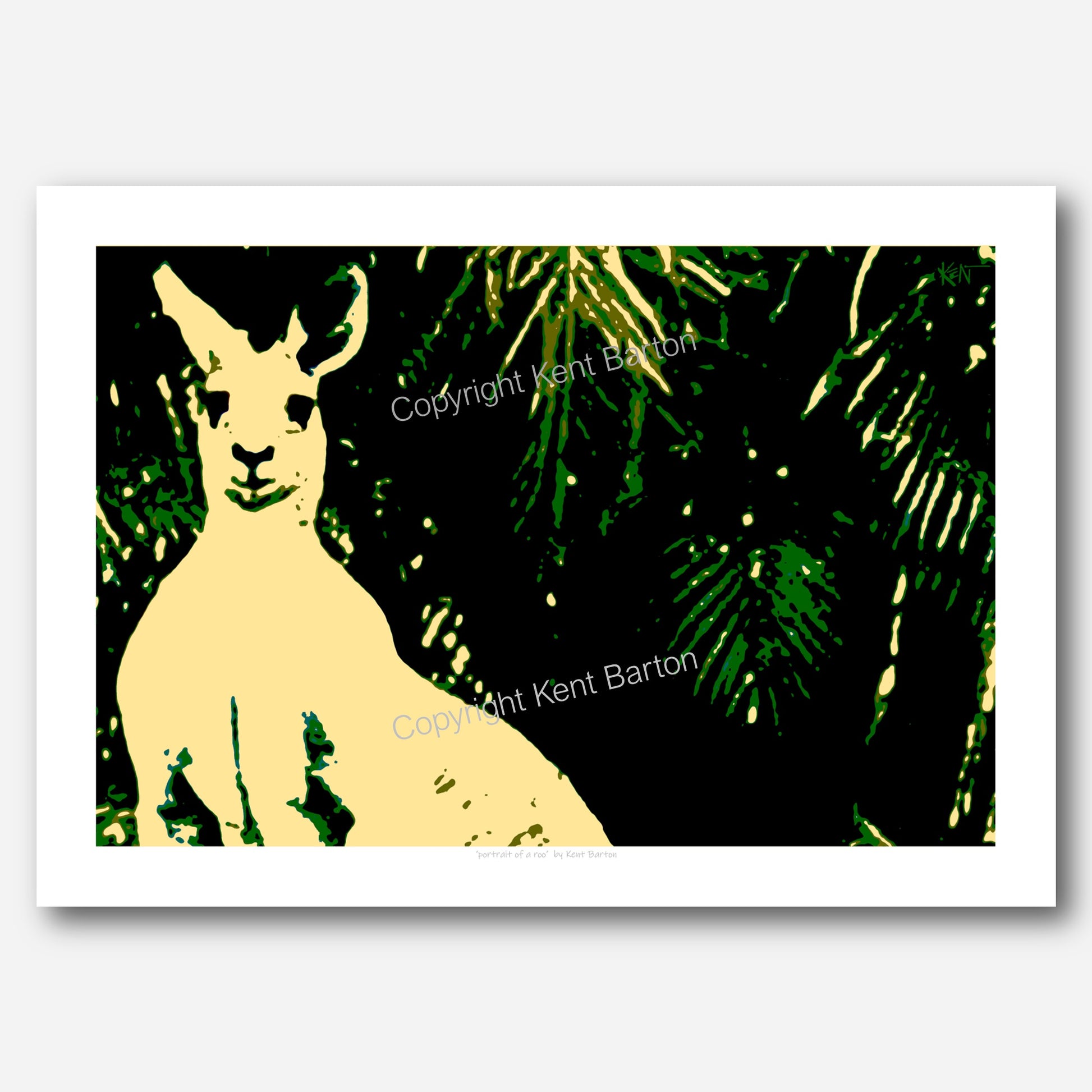 "Top half of a kangaroo standing in front of palm trees."