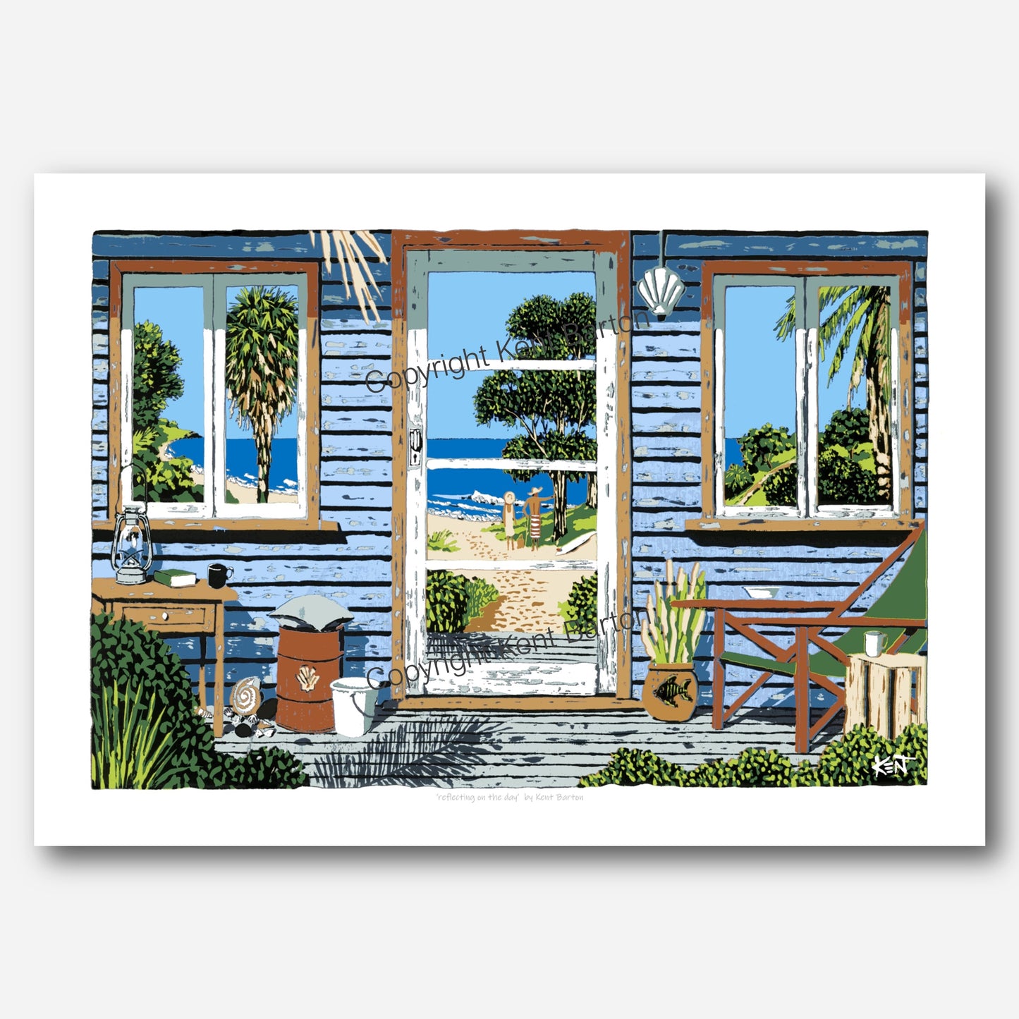 "Front of a beach shack with chair, table and other items, with the glass door and windows reflecting the beach view."