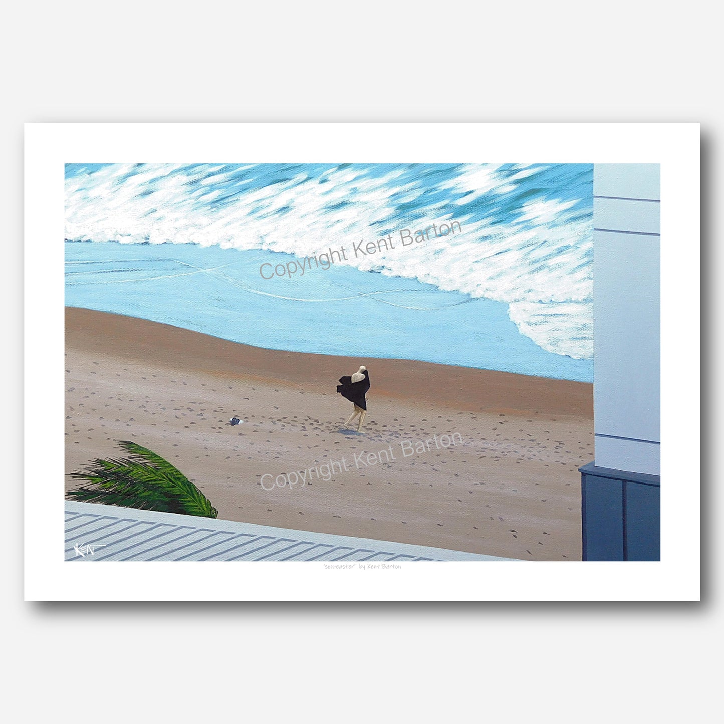 "Man after a swim on a windy beach drying himself with a towel."