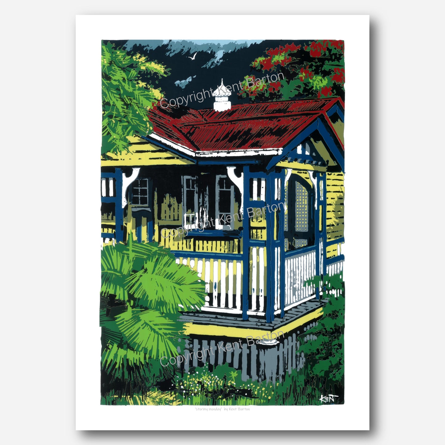 "A sunlit Queensland timber house with a storm building in the background."