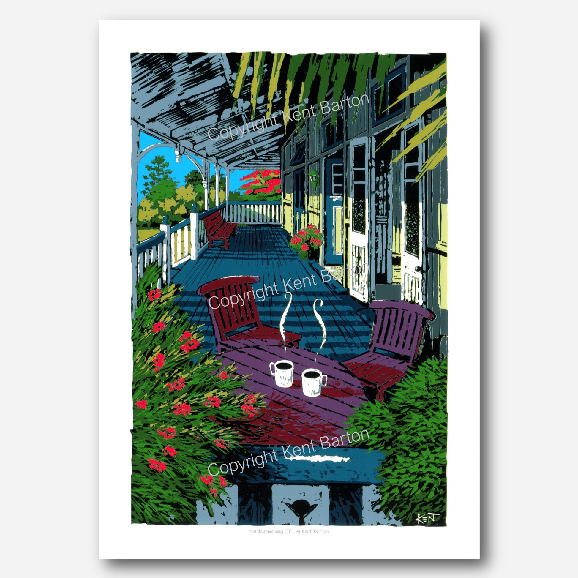 "Two steaming coffees on a table on a long timber veranda lit by the early morning sun."