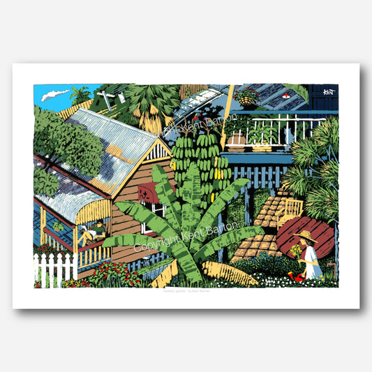 "Unusual composition overlooking suburban yards with people doing Sunday activities.