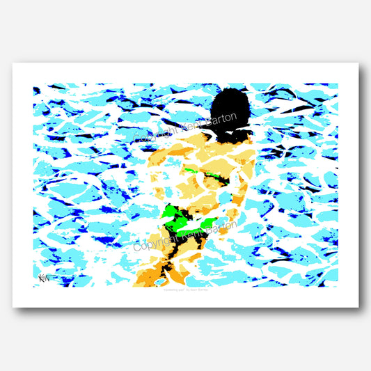 "woman floating in a swimming pool, wearing a green bikini ."