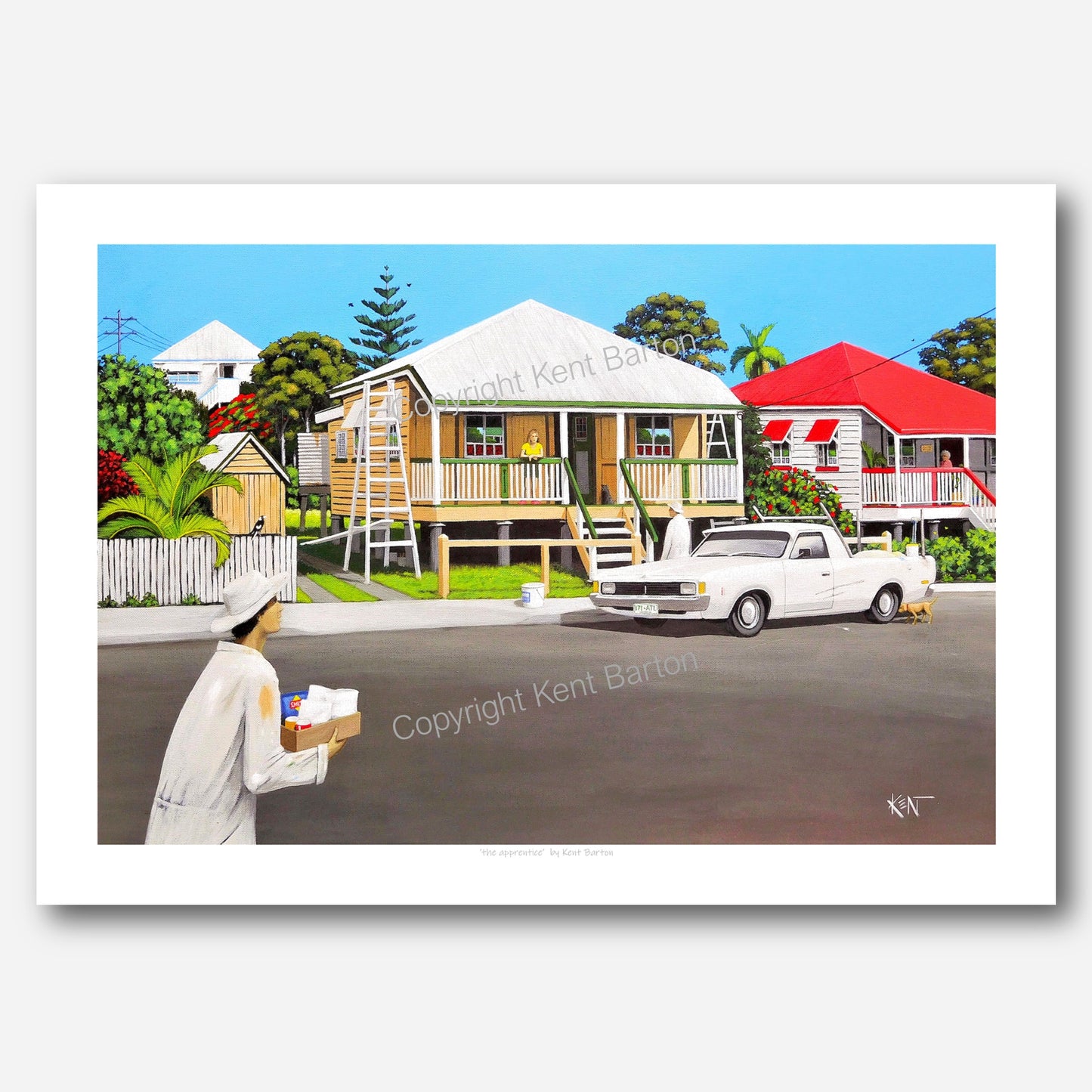 "A street scene of a house painter leaning on his Valiant ute, talking to the house owner on her veranda, while the apprentice walks across the road with lunch in a box."