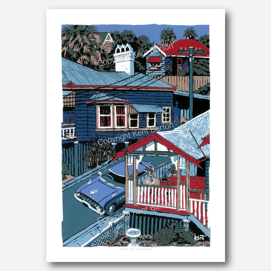 "Blue XL Falcon car parked in a suburban street."