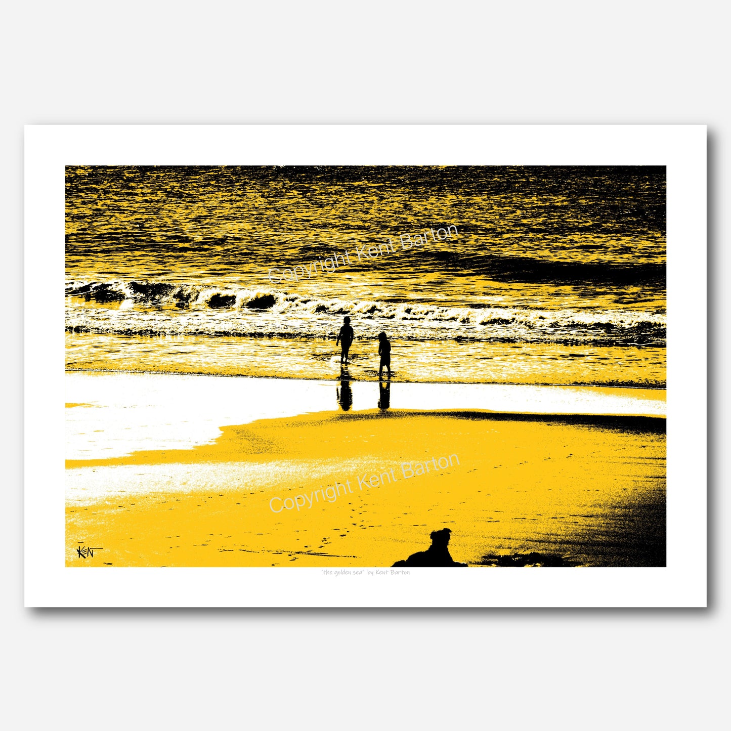 "Two children and a dog at the water's edge on the beach."