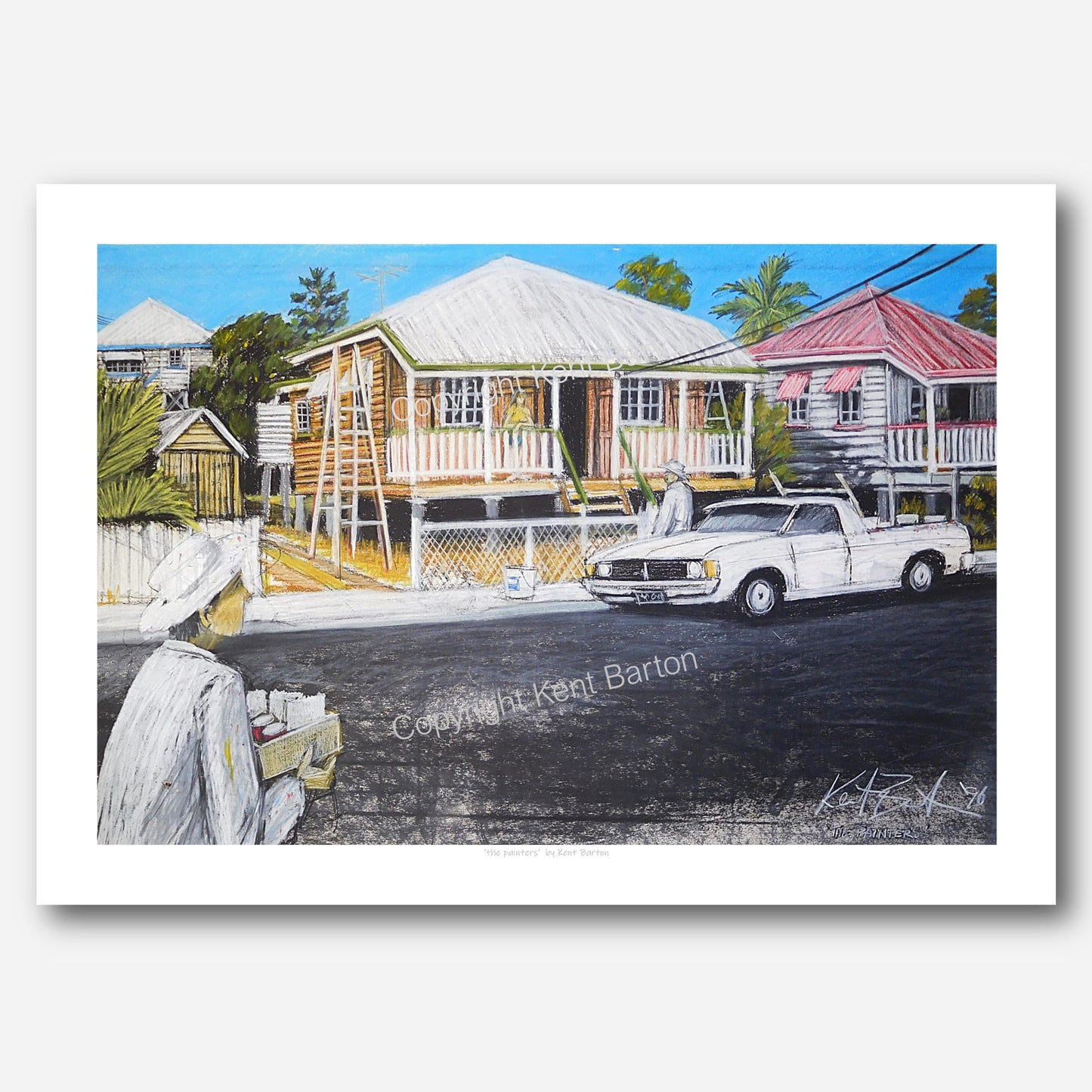 "Suburban street scene from 1980s with house painter and woman on the veranda, an apprentice walks along the road with lunch in a box."