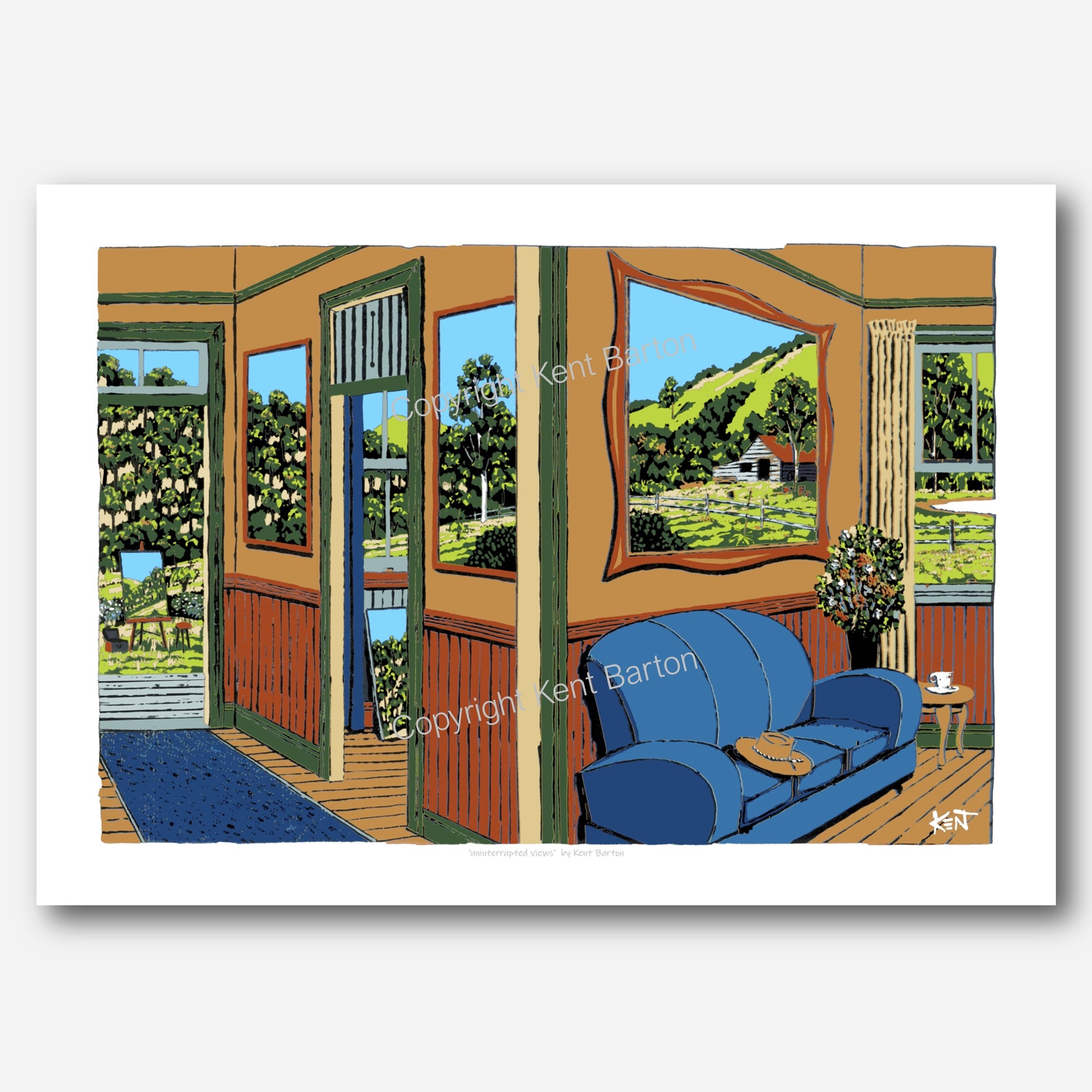 "View of house interior with view of outside through windows and door and paintings on the wall depicting outside views."