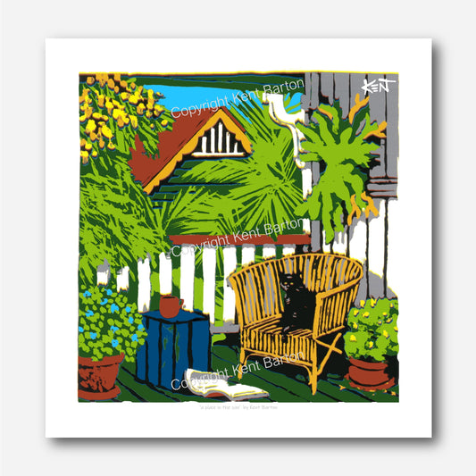 "A black cat sits on a cane chair on a veranda surrounded by plants in Brisbane."
