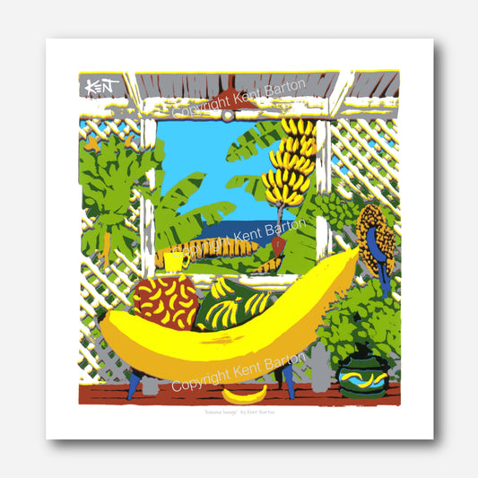 "A large banana as a lounge with cushions on a timber deck with lattice and sea view."