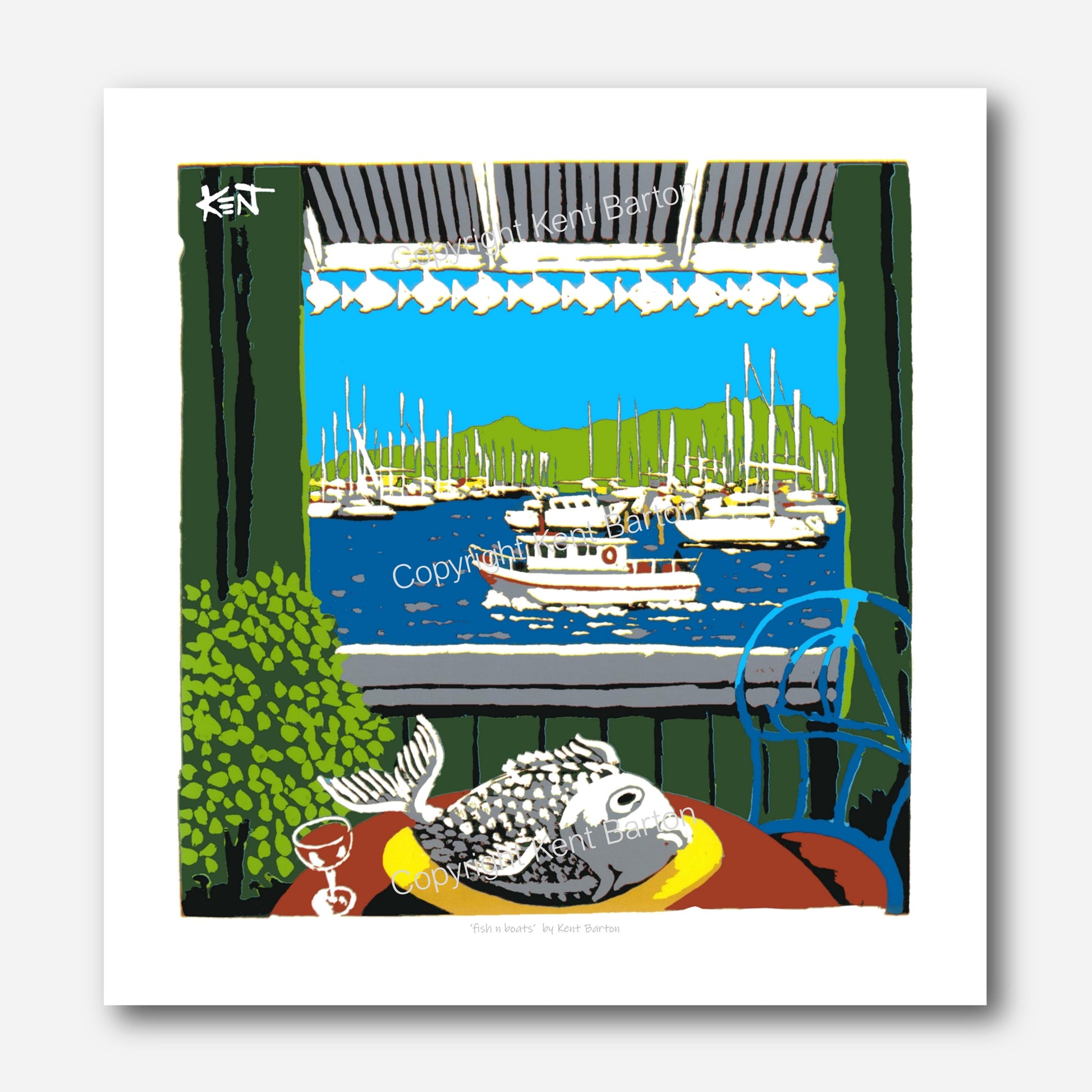 "A fish on a plate with a view through the window of a marina and fishing boat."