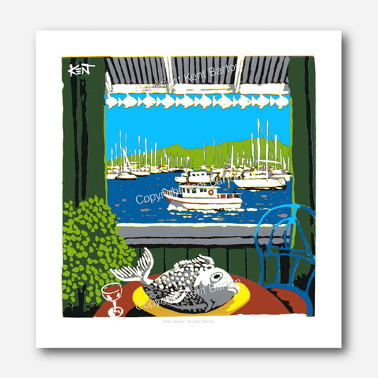"A fish on a plate with a view through the window of a marina and fishing boat."