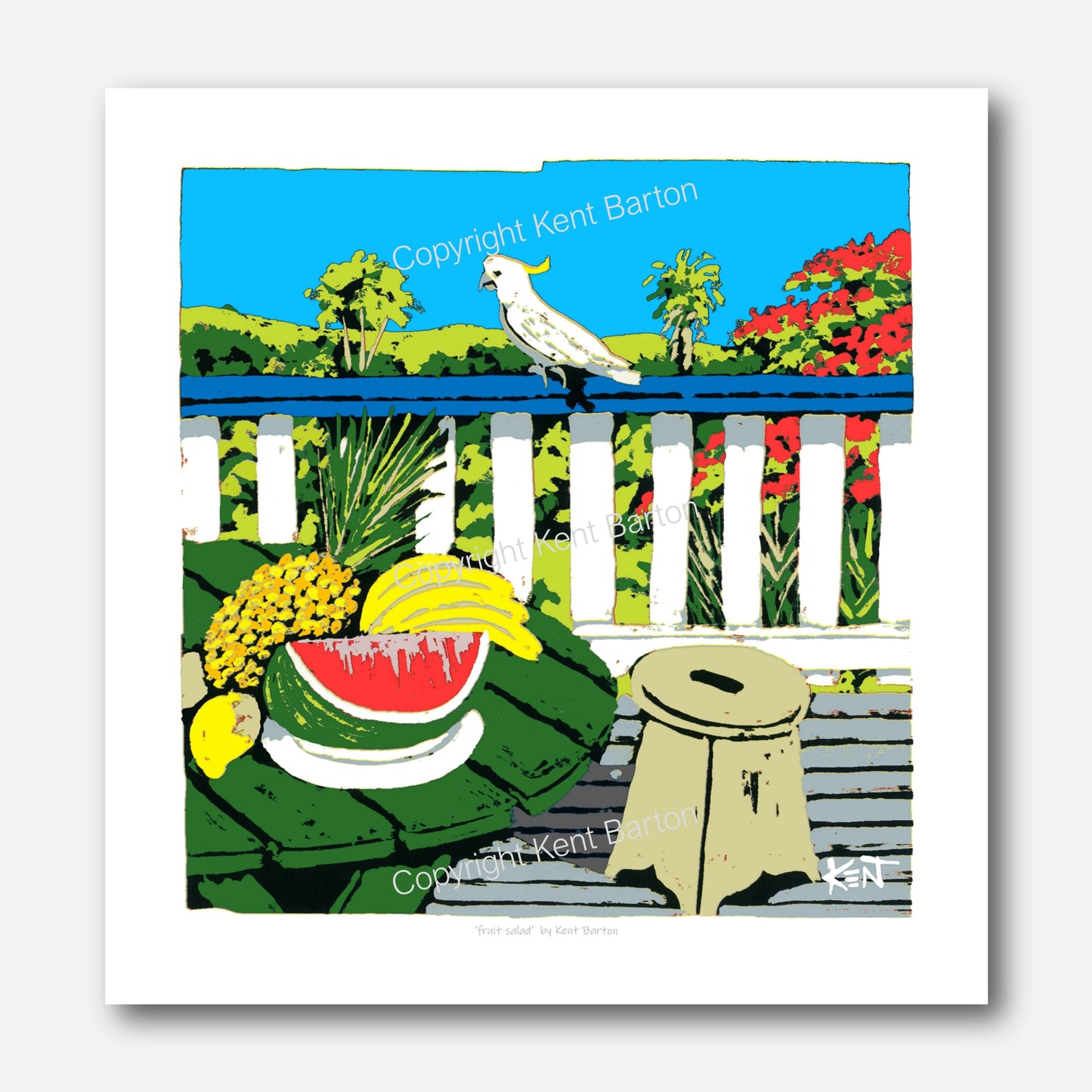 "A table with fruit, on a deck with countryside views, with a cockatoo perched on the handrail."