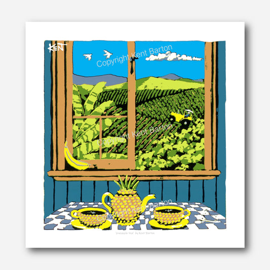 "Pineapple shaped tea set on a table with a view through the window of a pineapple farm with hills in the distance."