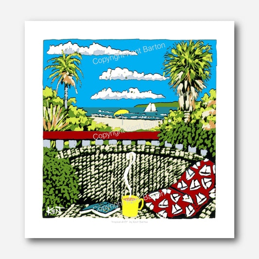 "A cane lounge with pillow, coffee and book, with view of beach and sea and distant island."