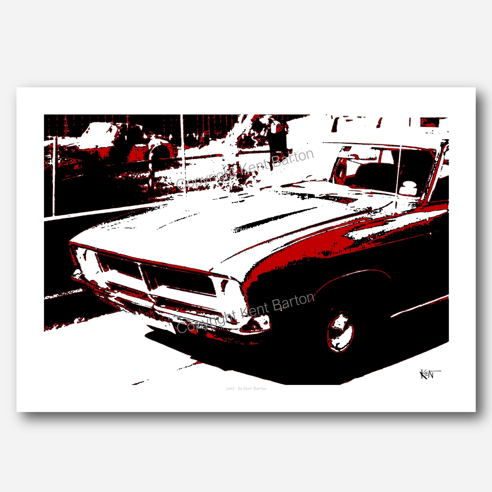 "An XB Falcon car with view across backyards to an old MG car."